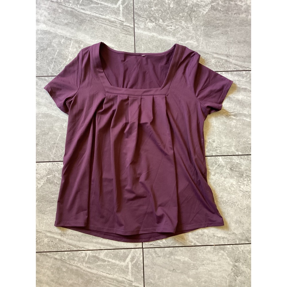 Halara NWOT Women Plum Purple Square Neck Pleated Short Sleeve Top Large